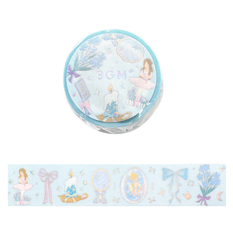Decorative tape with illustrations of a ballerina girl, bow, and other elements on a light blue background.