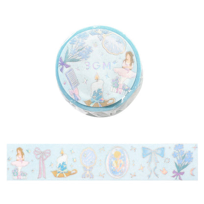 Decorative tape with illustrations of a ballerina girl, bow, and other elements on a light blue background.