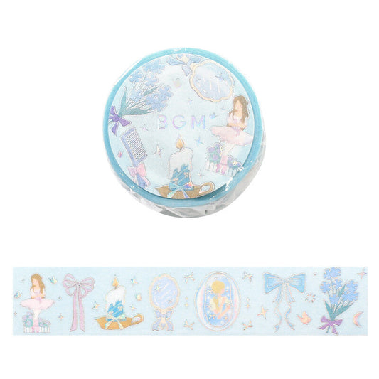 Decorative tape with illustrations of a ballerina girl, bow, and other elements on a light blue background.