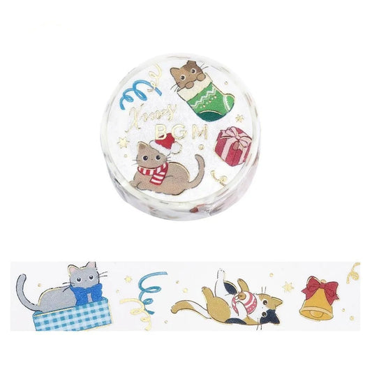 Decorative washi tape with Christmas themed cat designs on a white background