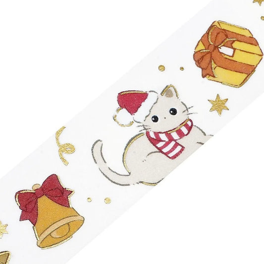 Washi tape featuring illustrations of a cat wearing a Santa hat with Christmas elements like a bell, gift, and star on a white background.
