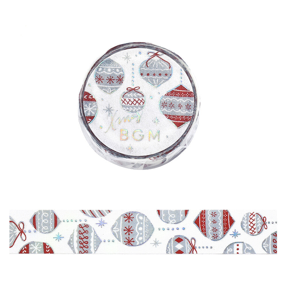 Washi tape with Christmas-themed design of decorated bulb ornaments on a white background
