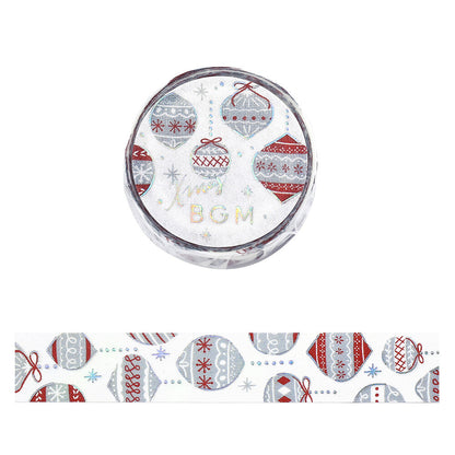 Washi tape with Christmas-themed design of decorated bulb ornaments on a white background