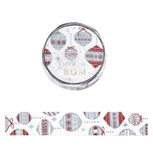 Washi tape with Christmas-themed design of decorated bulb ornaments on a white background