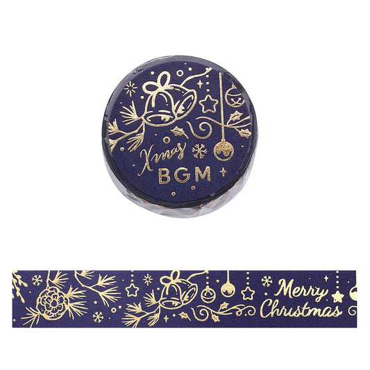 Decorative washi tape with gold Christmas designs on a blue background