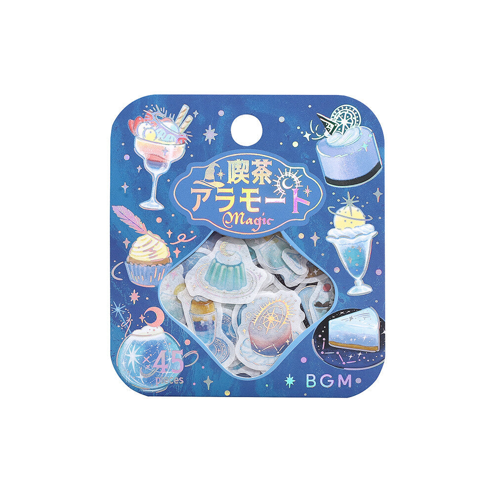 Packaged stickers with fantasy-themed designs on a blue background