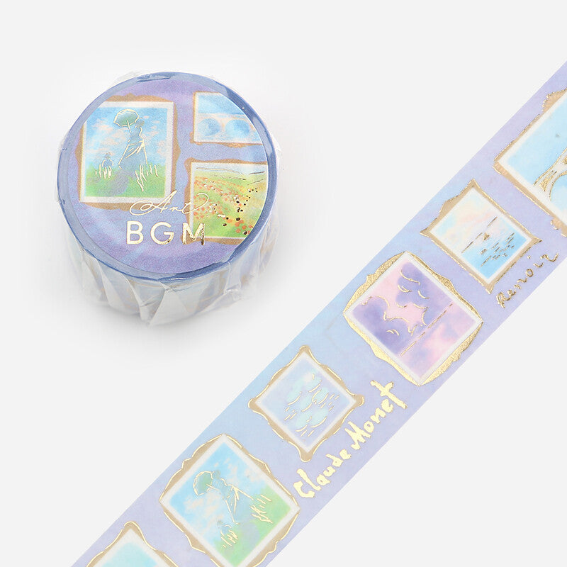 Decorative washi tape with artistic designs and 'Claude Monet' on a white background.