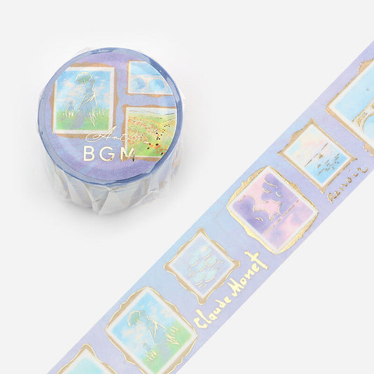 Decorative washi tape with artistic designs and 'Claude Monet' on a white background.