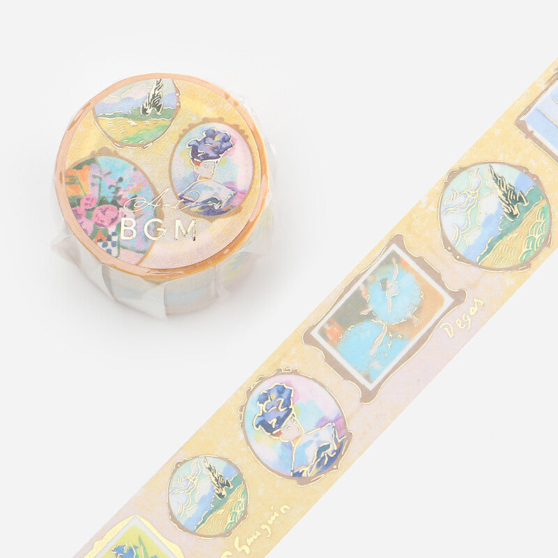 Decorative washi tape with colorful famous art paintings on a white background