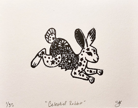 Hand Printed Linocut Art Print - Celestial Rabbit