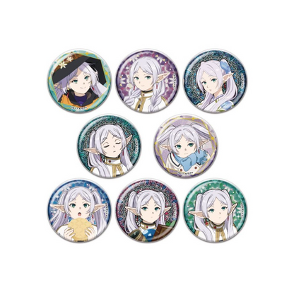 Eight round pinback buttons featuring anime character illustrations of Frieren with long white hair, displayed on a clean white background.