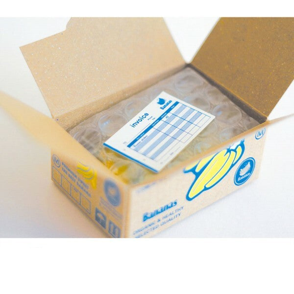 Open cardboard box with an invoice slip inside on a white background