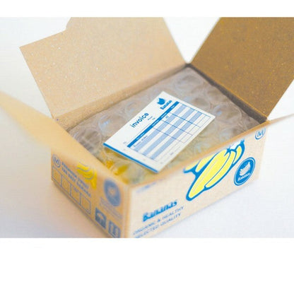 Open cardboard box with an invoice slip inside on a white background