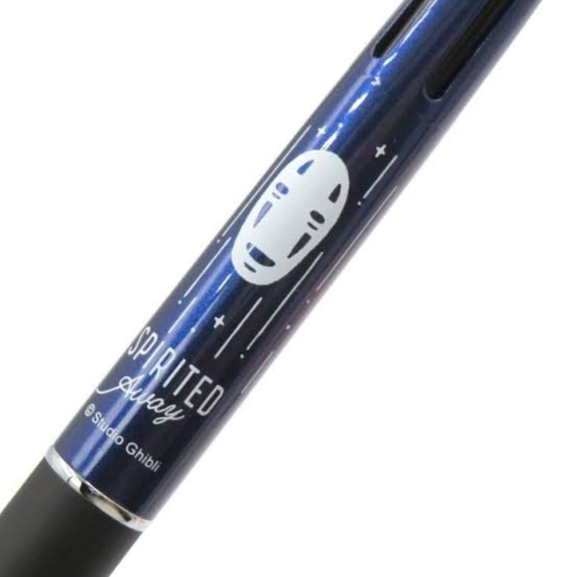 A close-up of a blue and black fountain pen with a white printed No-Face logo and the text 'SPIRITED Away' and '© Studio Ghibbi' on a white background.