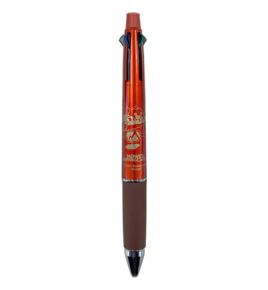 A multi-color pen with a translucent red barrel, a brown grip, and a black tip, featuring design from Howl's Moving Castle.