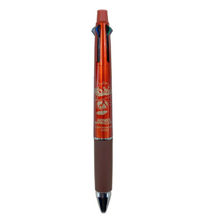A multi-color pen with a translucent red barrel, a brown grip, and a black tip, featuring design from Howl's Moving Castle.