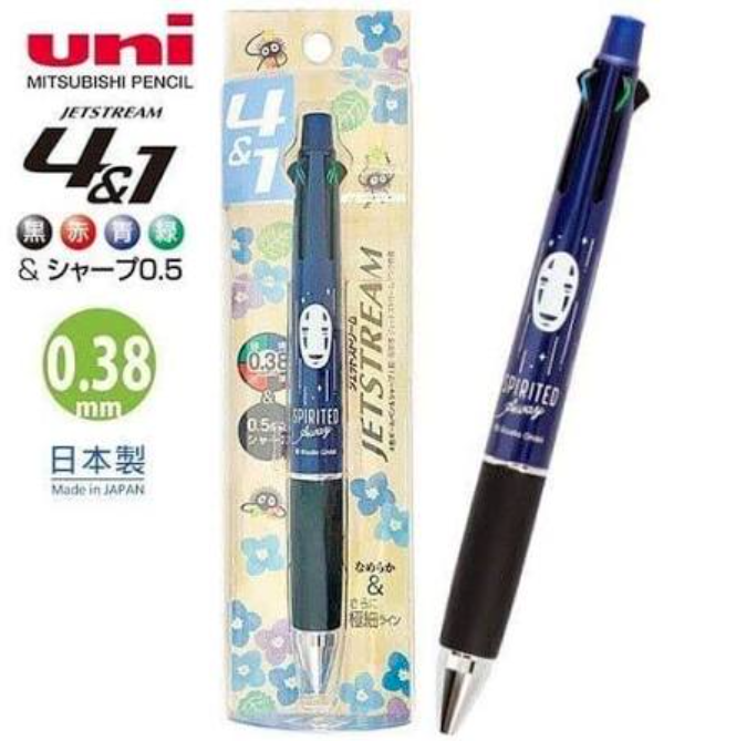 Mitsubishi Uni Jetstream 4 & 1 pen with No-Face character design, shown both in its packaging and uncapped. The pen is dark blue with a black grip and silver tip, featuring the No-Face character.