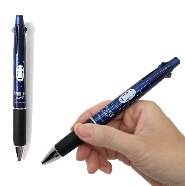 A blue and black Jetstream pen featuring the character No-Face from Spirited Away, shown both standing upright and held in a hand against a white background.