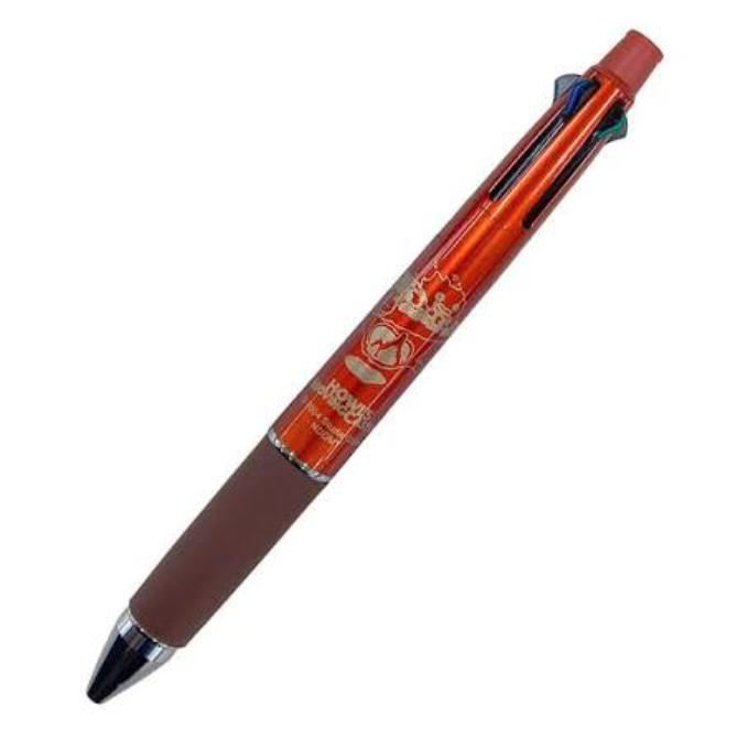 A red and brown retractable pen with a gold Howl's Moving Castle design printed on the barrel, shown diagonally on a plain white background.
