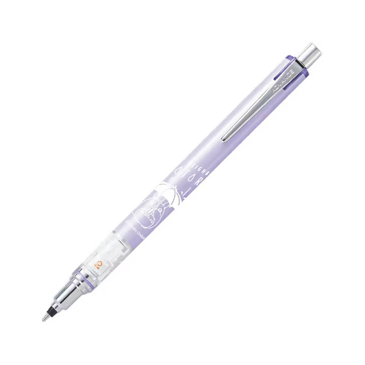A Kurutoga Advance 0.3mm mechanical pencil in a translucent lavender purple color, with Totoro on the barrel