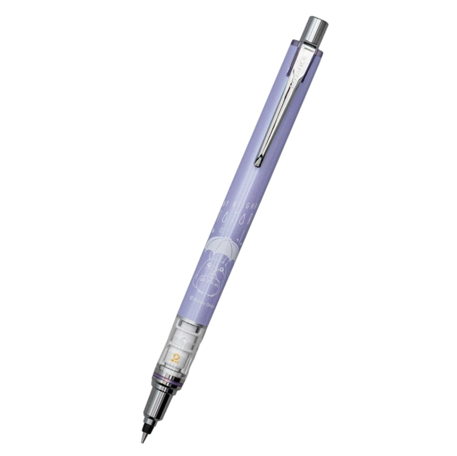 A purple and clear retractable mechanical pencil with a silver metal clip and tip, shown diagonally on a plain white background.