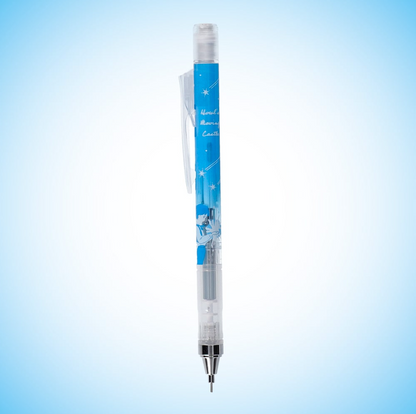 A mechanical pencil with a clear body and a blue decorative barrel featuring a scene with Howl from Howl's Moving Castle. The pen is shown vertically against a light blue gradient background.