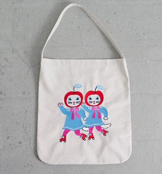 Yumi Kitagishi - Embroidered Tote Bag - Roller Skating Cherry Cats