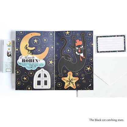 Cozyca - Art Mobile Greeting Card - Kuroneko Design - Robin the Black Cat - Catching Stars