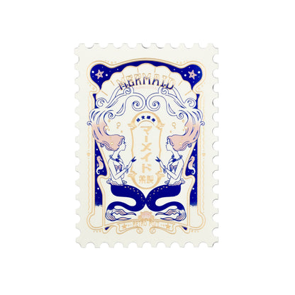 Decorative stamp style postcard with mermaid design and foil designed by OB1 Toy