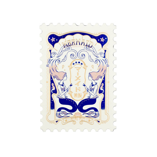 Decorative stamp style postcard with mermaid design and foil designed by OB1 Toy