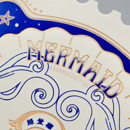 Mermaid Pharmaceutical logo with blue and gold design on a white background