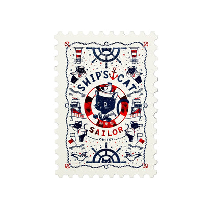 Decorative stamp-style postcard with nautical-themed design and a sailor cat