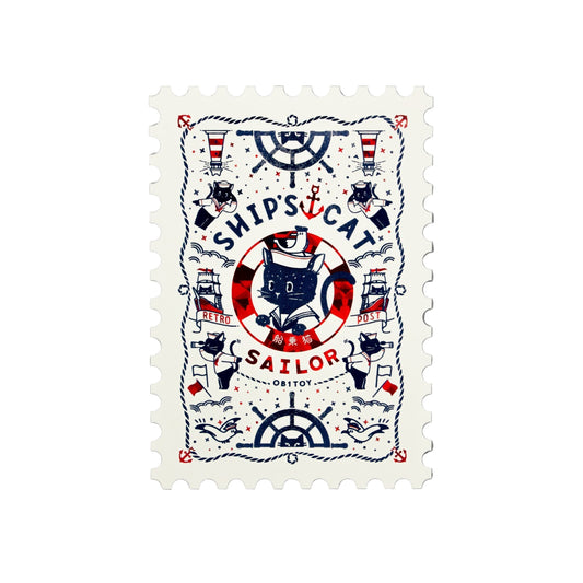 Decorative stamp-style postcard with nautical-themed design and a sailor cat