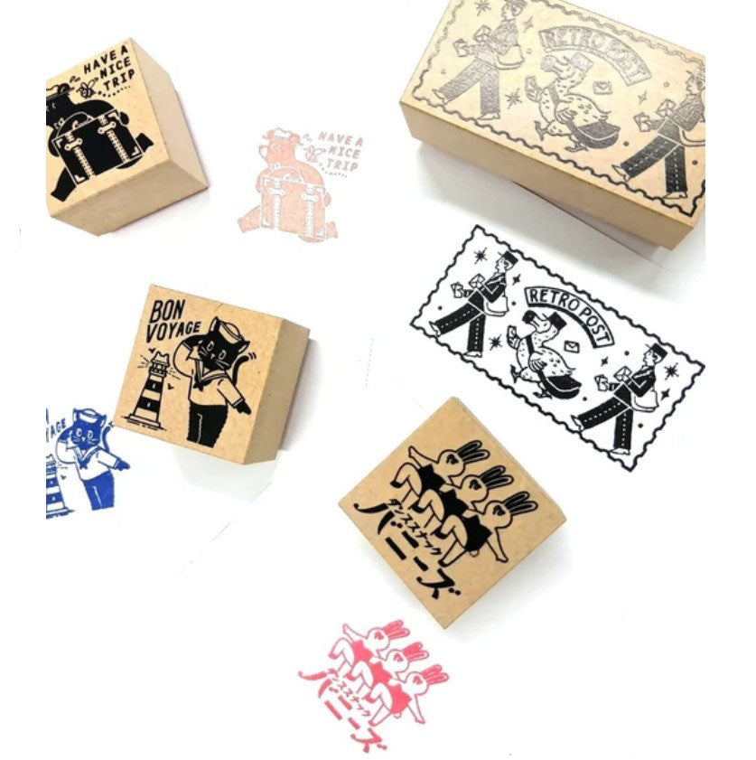 Collection of rubber stamps with various designs on a white background
