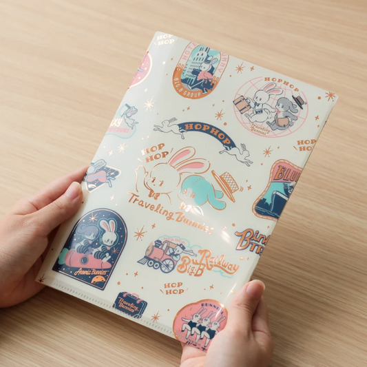 OB1TOY x Rokkaku - Foil-Stamped A5 Clear Folder - Traveling Bunnies