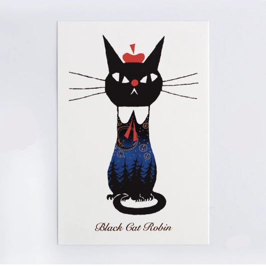 Cozyca Black Cat Robin Postcard - Night Forest