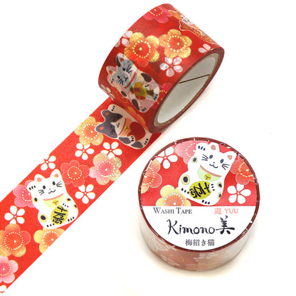 SAIEN - Foil-Stamped Washi Tape - Kimono Series - Plum Blossoms with Beckoning Cat
