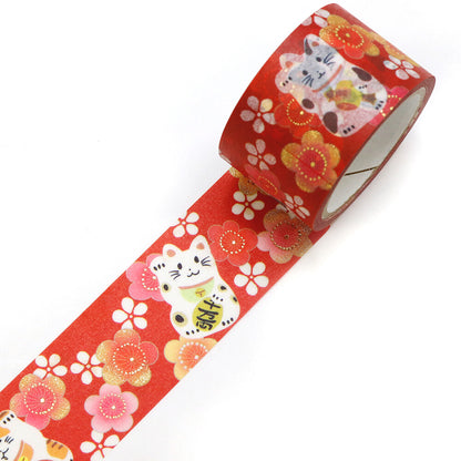 SAIEN - Foil-Stamped Washi Tape - Kimono Series - Plum Blossoms with Beckoning Cat