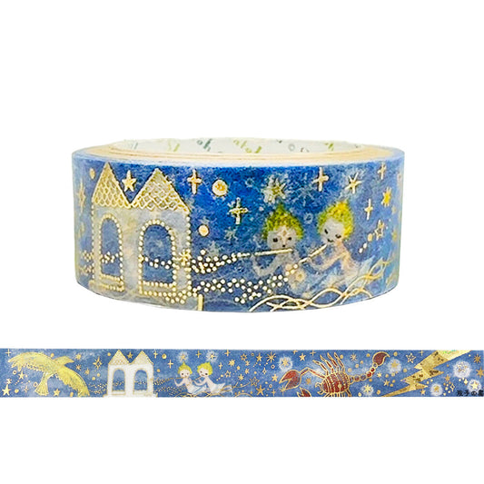 Decorative tape with celestial design featuring stars, constellations, and fairy-like figures on a blue background.