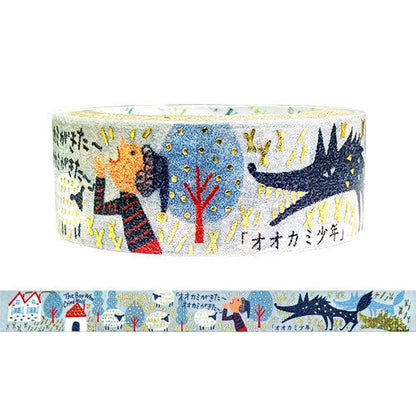 Decorative tape with illustrations of a wolf and trees on a white background.