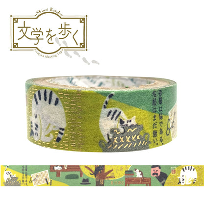 Decorative tape with cat design and text on a white background
