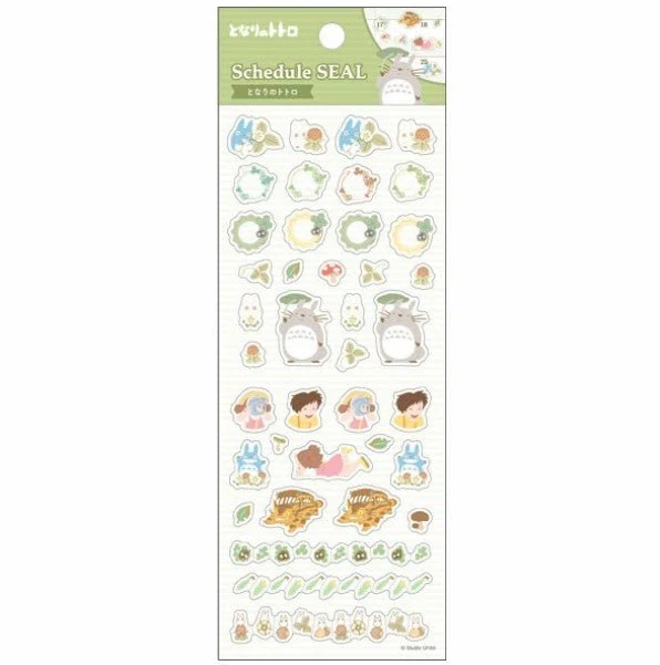 A sheet of cute planner stickers featuring Totoro from My Neighbor Totoro, with various pastel-colored icons, characters, and decorative elements on a white background.