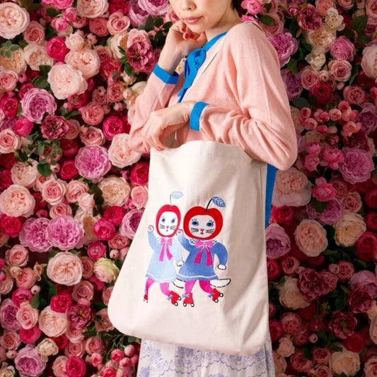 Yumi Kitagishi - Embroidered Tote Bag - Roller Skating Cherry Cats