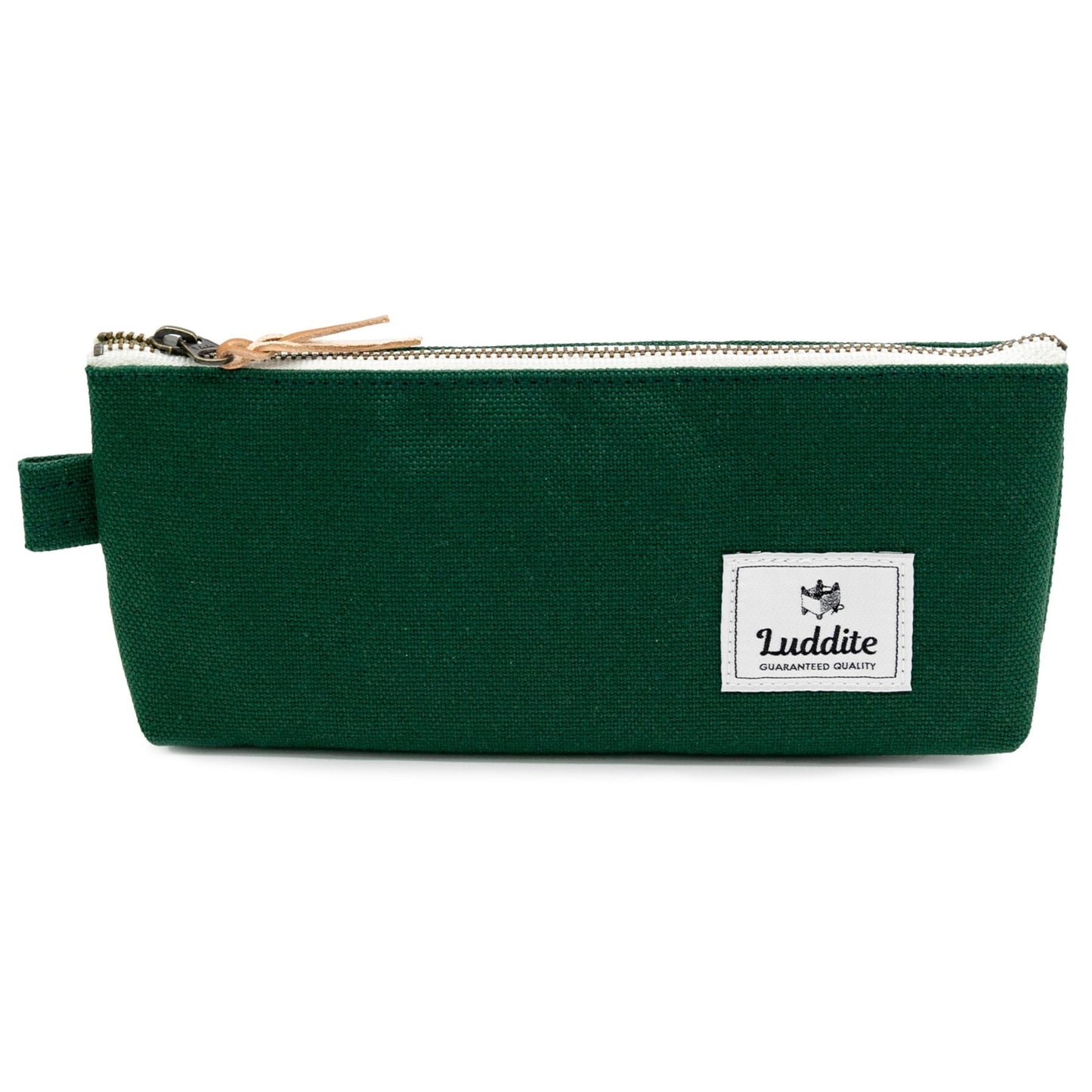 Green pencil case with a Luddite logo on a white background