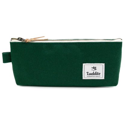 Green pencil case with a Luddite logo on a white background