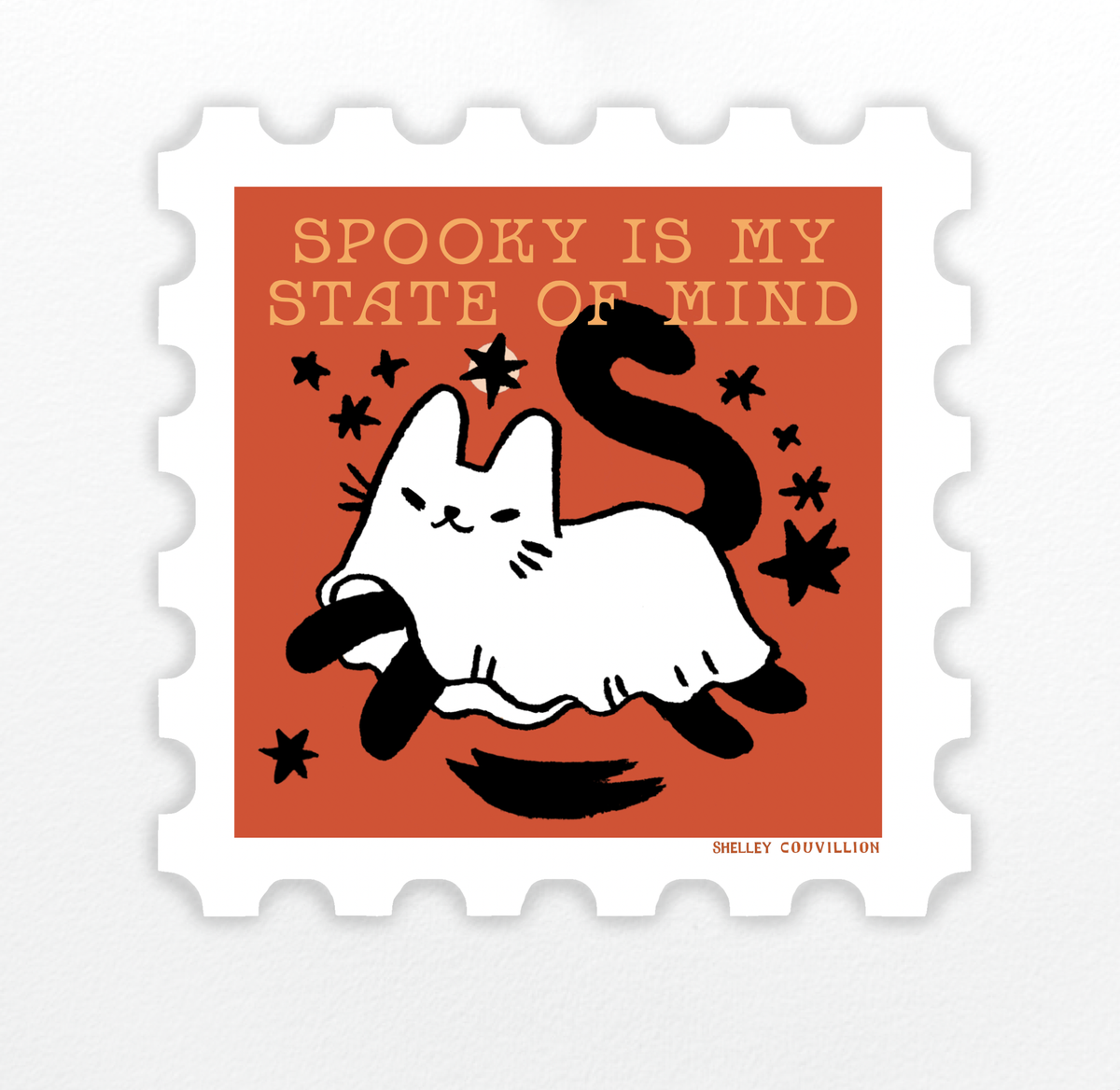 Book Moth Press - Stamp-Shaped Sticker - Spooky Cute Ghost Cat