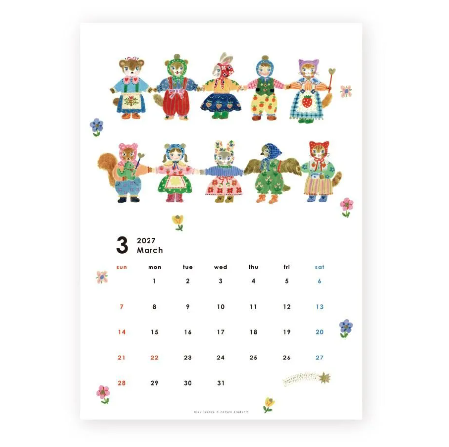 A vertical white calendar print featuring colorful cartoon animal characters in traditional clothing above a March 2027 calendar grid. The characters include bears, cats, foxes, and other animals holding hands, with small flowers and decorative doodles around the page.