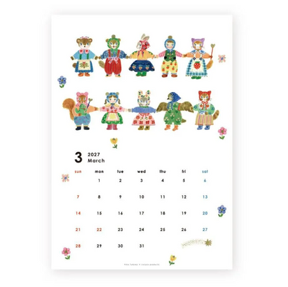 A vertical white calendar print featuring colorful cartoon animal characters in traditional clothing above a March 2027 calendar grid. The characters include bears, cats, foxes, and other animals holding hands, with small flowers and decorative doodles around the page.