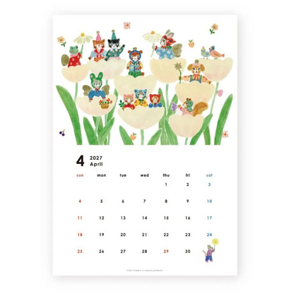 A printed calendar page for April 2027 featuring a whimsical watercolor illustration of cartoon animals sitting on large cream-colored tulips with green stems. The page is centered on a white background.