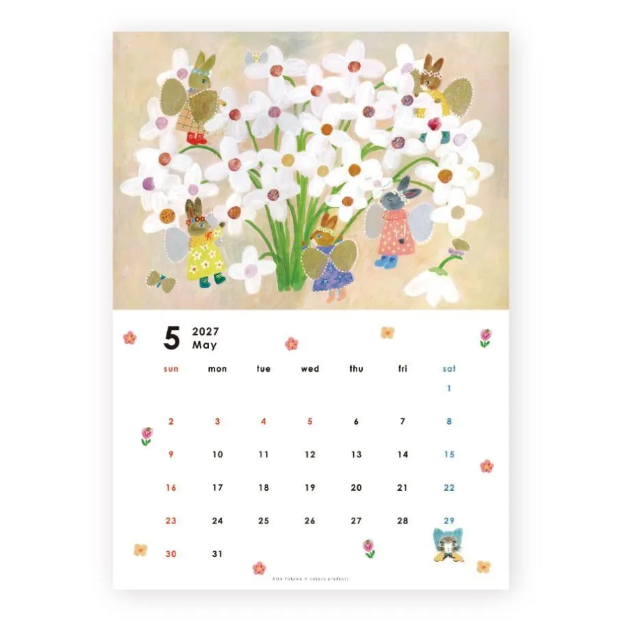 A single-page illustrated calendar spread with a floral bunny scene across the top half and a May 2027 calendar grid on the bottom half, shown on a plain white background.